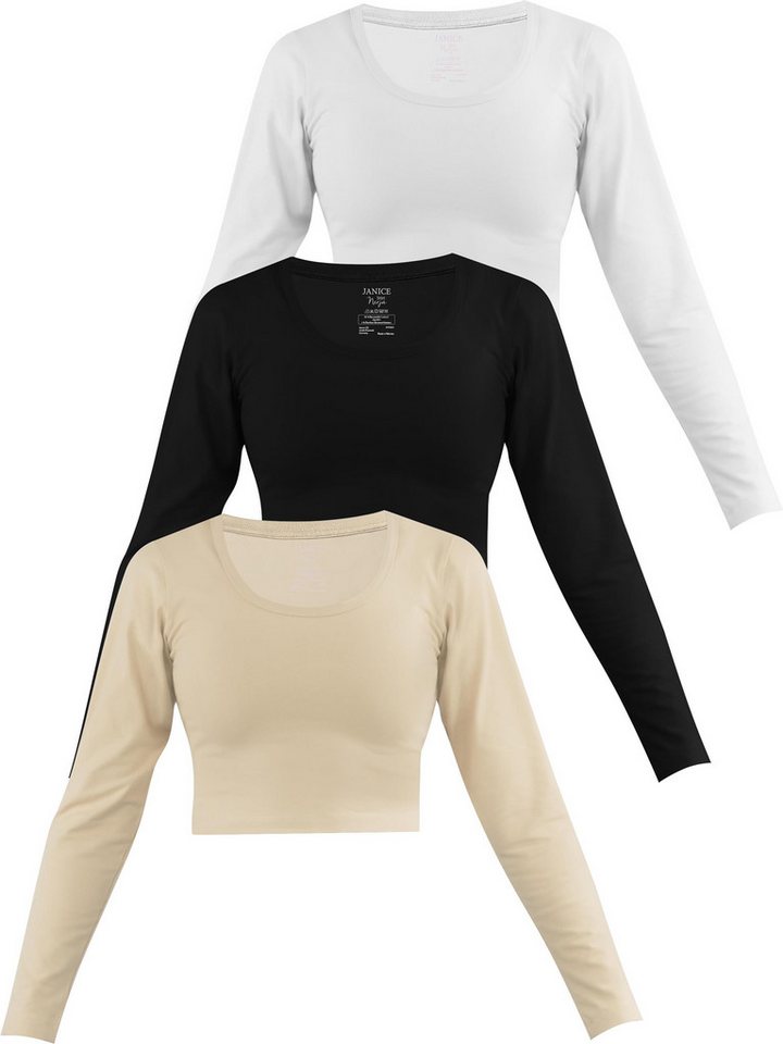 Janice Langarmshirt 3 x Damen crop Langarmshirt Nerja Kurzer Pullover aus Baumwolle von Janice