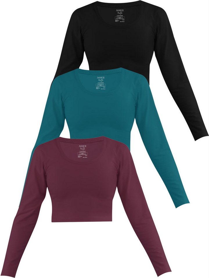 Janice Langarmshirt 3 x Damen crop Langarmshirt Nerja Kurzer Pullover aus Baumwolle von Janice
