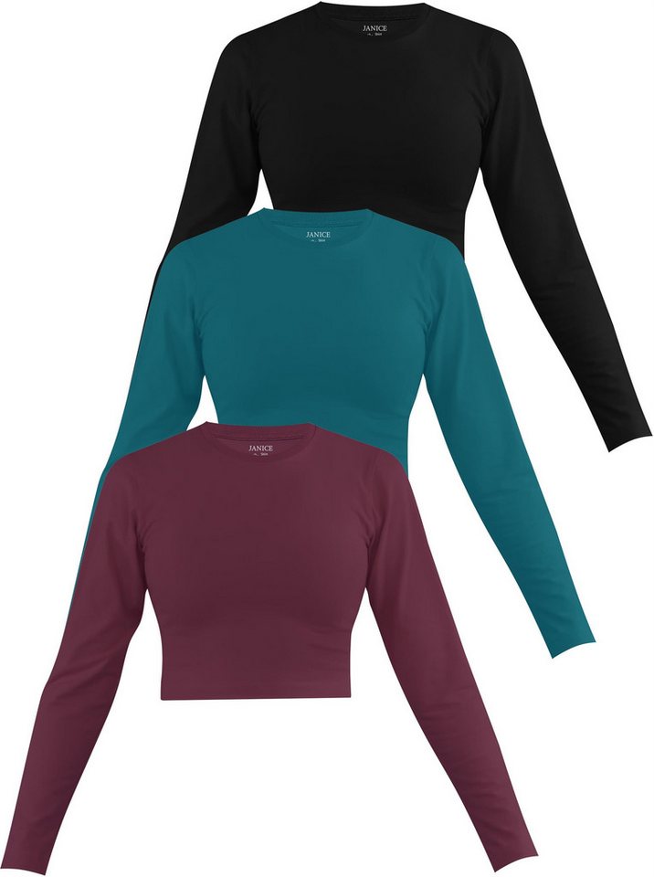 Janice Langarmshirt 3 x Damen crop Langarmshirt hochgeschlossen Noia Figurbetonter kurzer Pullover aus Baumwolle von Janice