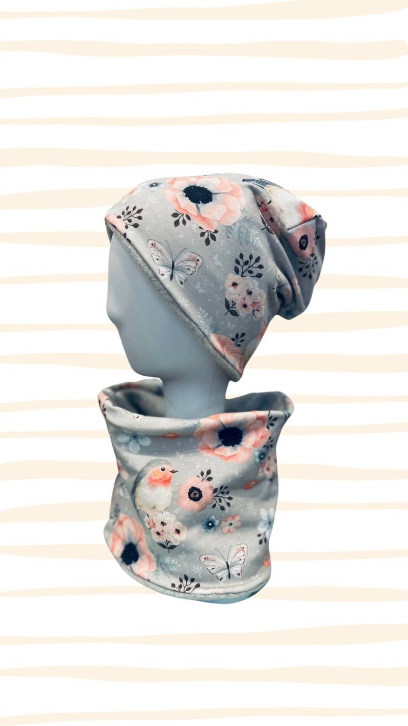 Rotkehlchen Grau, Beanie Mit Passendem Loop Oder Je Einzeln, Winter Set von JaninesFadenzauber
