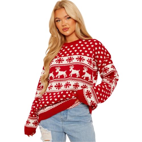 Janisramone® Weihnachtspullover Damen Strick Rentier Merry Christmas Sweater, Weihnachtspulli Damen Langarm Rundhals Rudolph Weihnachtsjumper für Frauen von Janisramone