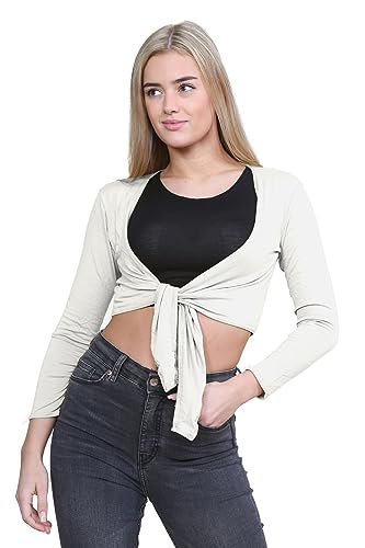 Janisramone Damen-Bolero, mit langen Ärmeln, zum Knoten vorne, bauchfrei, Top, Cardigan, Größe 36-50 Gr. S/M (34-36), cremefarben von Janisramone