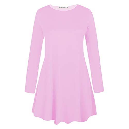 janisramone Langärmeliges Swing-Kleid für Damen, Rundhalsausschnitt, ausgestellt, Skaterkleid, A-Linie, lässiges Mini-Top, Übergröße, babyrosa, 46/48/Große Größen von Janisramone