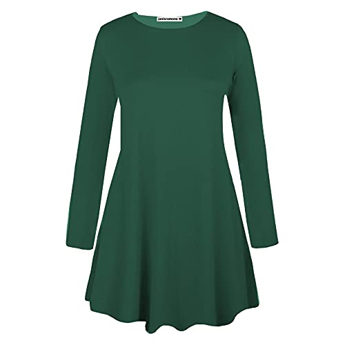 janisramone Langärmeliges Swing-Kleid für Damen, Rundhalsausschnitt, ausgestellt, Skaterkleid, A-Linie, lässiges Mini-Top, Übergröße, flaschengrün, 38-40 von Janisramone