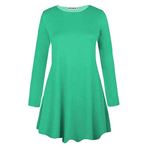 janisramone Langärmeliges Swing-Kleid für Damen, Rundhalsausschnitt, ausgestellt, Skaterkleid, A-Linie, lässiges Mini-Top, Übergröße, jadegrün, 38-40 von Janisramone