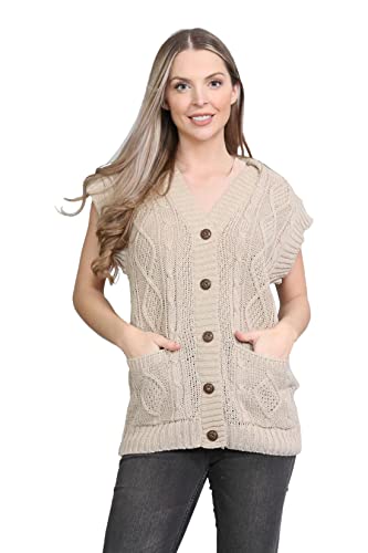 Janisramone Damen Strickpullover mit Zopfmuster, ärmellos, V-Ausschnitt, Knopfleiste, Winterpullover, stone, 50 DE/52 DE Mehr von Janisramone