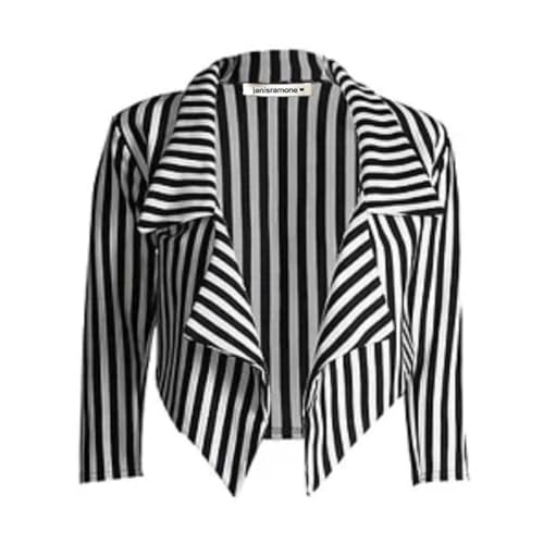 BLAZER_WATRFAL_THIN_WHISTRIP_ML New Womens Black White Stripe Print Open Front Waterfall Crop Blazer Jacket Coat von Janisramone