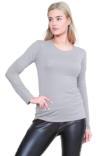 Janisramone Frauen Damen Neu Runden Hals Lange Ärmel Plain Beiläufig dehnbar T-Stück Basic Schlank Passen T-Shirt Oben von Janisramone