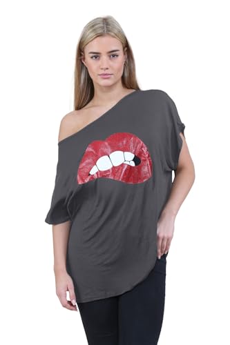 Janisramone Frauen Damen Neu Slogan Gedruckt Aus Schulter Batwing Ärmel Baggy Übergroß Lagenlook T-Shirt Top von Janisramone