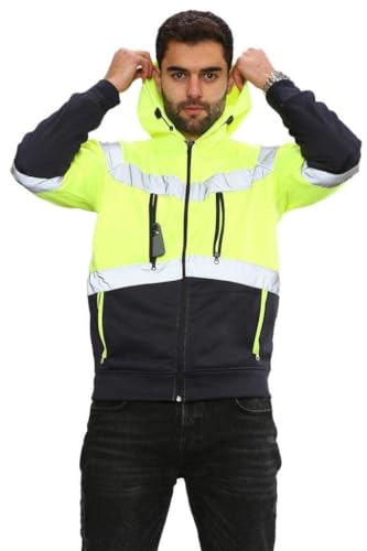 Janisramone Herren Hi Vis Reflektierend Sichtweite Kapuzenpulli Kontrast Patch Vlies Sweatshirt Arbeit Kapuzen Pullover Jacke von Janisramone