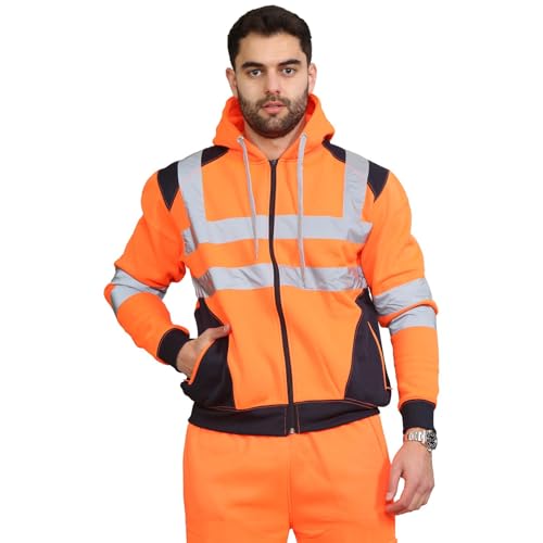 Janisramone Herren Hi Vis Reflektierend Sichtweite Kapuzenpulli Kontrast Patch Vlies Sweatshirt Arbeit Kapuzen Pullover Jacke von Janisramone