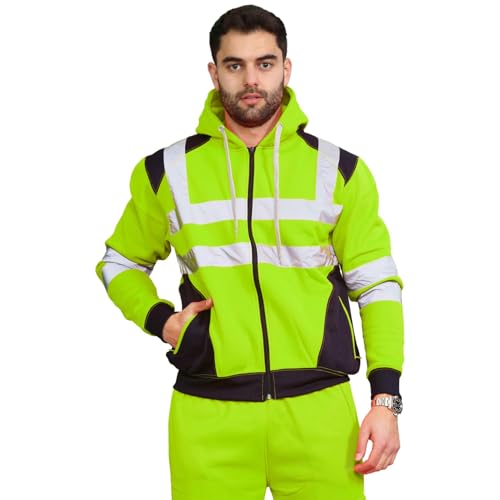 Janisramone Herren Hi Vis Reflektierend Sichtweite Kapuzenpulli Kontrast Patch Vlies Sweatshirt Arbeit Kapuzen Pullover Jacke von Janisramone