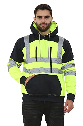 Janisramone Herren Hi Vis Reflektierend Sichtweite Kapuzenpulli Kontrast Patch Vlies Sweatshirt Arbeit Kapuzen Pullover Jacke von Janisramone
