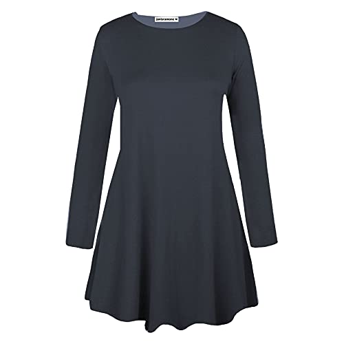 janisramone Langärmeliges Swing-Kleid für Damen, Rundhalsausschnitt, ausgestellt, Skaterkleid, A-Linie, lässiges Mini-Top, Übergröße, anthrazit, 38-40 von Janisramone