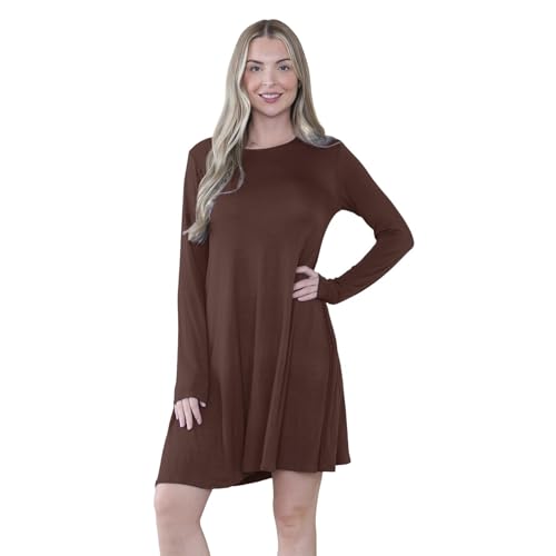 janisramone® Damen-Minikleid, einfarbig, A-Linie, ausgestelltes Skaterkleid, dehnbares Sommerkleid, Swing-Mini-Top, lässig, Rundhalsausschnitt, langärmelig, Kleider für Damen, Partykleidung, braun, von Janisramone