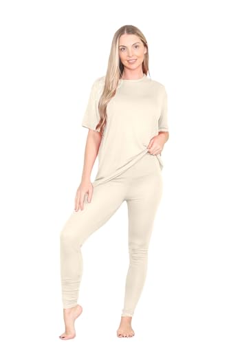 janisramone Damen-Leggings, einfarbig, übergroß, lang, T-Shirt, Leggings, 2-teiliges Set, Sommer-Loungewear-Trainingsanzug, stone, Medium von Janisramone