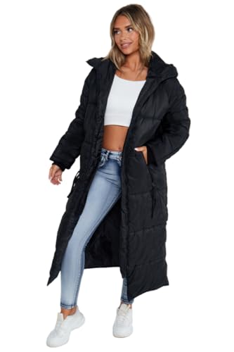 janisramone Damen Maxi-Langer Mantel mit Kapuze, gepolstert, Winterjacke, lange Jacke, Schwarz , Large von Janisramone