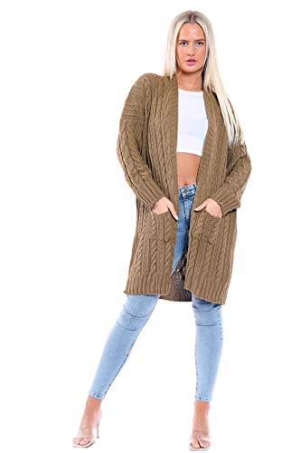 janisramone Damen-Strickjacke, mit Zopfmuster, übergroß, warm, lange Tasche, camel, 38-40 von Janisramone