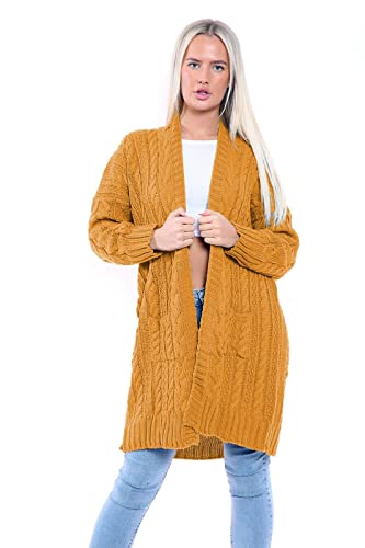 janisramone Damen Strickjacke mit Zopfmuster, übergroß, warm, mit Tasche, lang, senffarben, 50 DE/52 DE Mehr von Janisramone