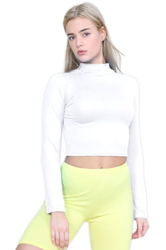 janisramone Damen Turtle Rollkragen Langarm Crop Top T-Shirt Tops Damen Top 36-40 Gr. 40-42, weiß von Janisramone