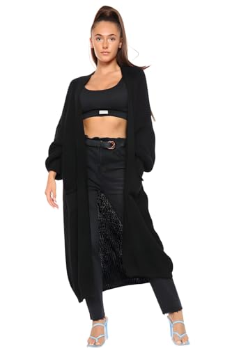 janisramone Grobstrick Maxi-Strickjacke für Damen, Übergröße, Ballon-Ärmel, warm, langer Pullover, Schwarz , 46/Große Größen von Janisramone