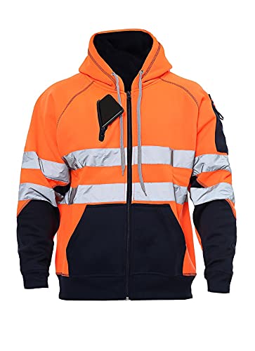 janisramone Fleece-Sweatshirt für Herren und Jungen, reflektierend, Kontrastaufnäher, für die Arbeit, 3 Reißverschlusstaschen Neon Orange/Navy - Zip Hoodie, XXXXX-Large von Janisramone
