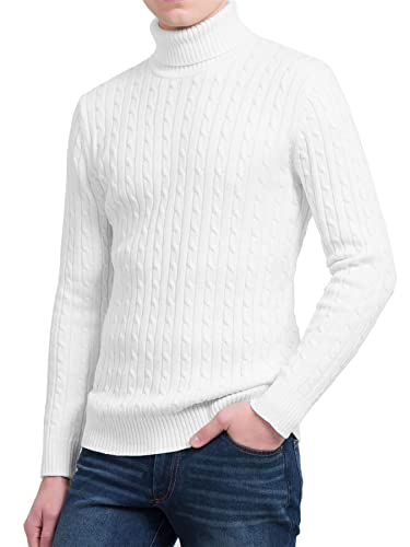 janisramone Herren-Pullover mit Rollkragen, langärmelig, Zopfmuster, leger, Winterpullover, weiß, XS von Janisramone