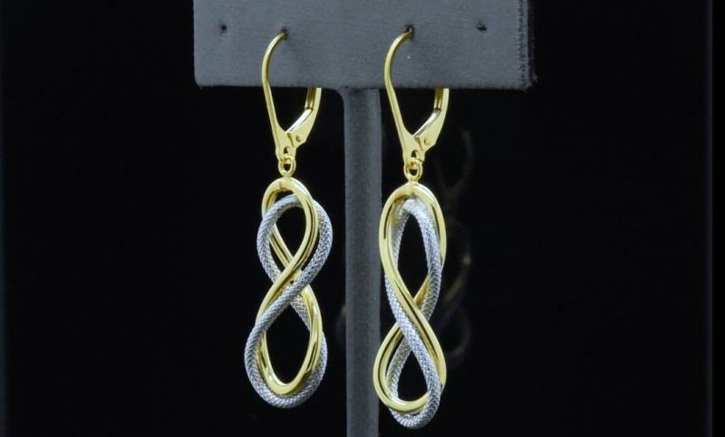 10K Gold 2 Zweifarbig Gelb Weiß Fein Zierlich Baumeln Tropfen Leverback Doppel Acht 8 Infinity Kreis Ohrringe von JanksyJewels