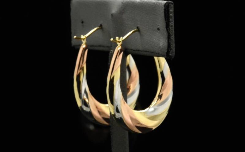 10K Tricolor Gold 3 Drei Tone Rosa Weiß Gelb + Rhodium Oval Hohle Flache Fancy Creolen von JanksyJewels
