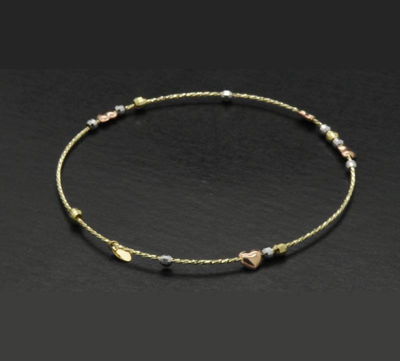 14K Drei Ton Gold Rosa Perlen Herz Extravagant Armreif | Tricolor Rose Weiß Rosa Gelb 8-Zoll-Slip-On-Dainty Boho Petite von JanksyJewels