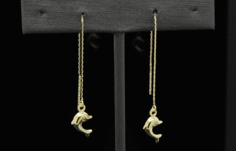 14K Gelb Gold Feine Zierliche Baumeln String Kettenglied Tropfen Puffed Marine Meerestier Delfin Einfädler Strand Ohrringe von JanksyJewels