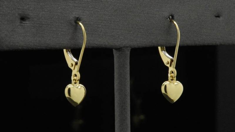 14K Gelbgold Feine Zierliche Baumeln Tropfen Lever Zurück Minimalist Hochglanzpoliert Liebe Herz Kleine Ohrringe von JanksyJewels