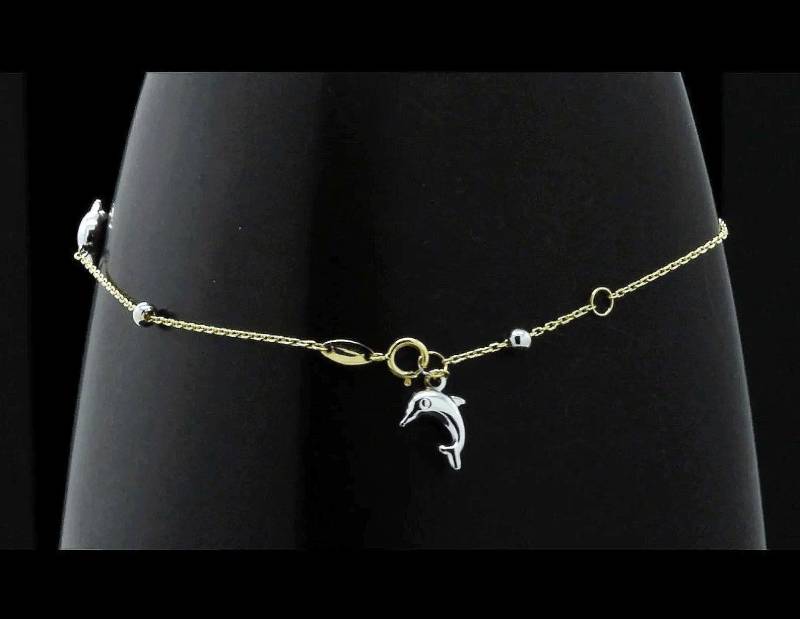 14K Gold 2 Ton-Gold Gelb/Weiß Zierliche Petite Kette Link-Delphin Wunderschöne Einstellbare Fußkette von JanksyJewels