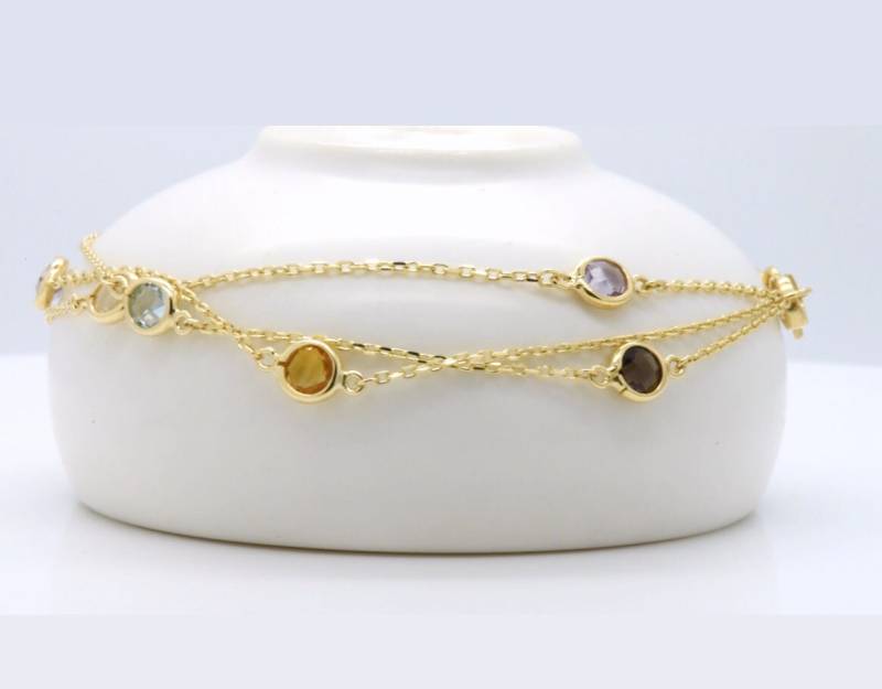 Solid 14K Gelbgold Natürliche Multi Edelstein Puple Amethyst Gelb Citrin Weiß/Rauchquarz 3 Strang Zierliche Kette 7, 5-Zoll-Armband von JanksyJewels