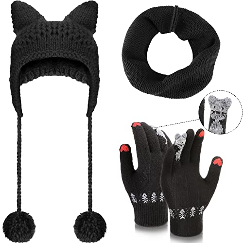 3 Stück Damen Katzenohren Beanie Katzenpfote Handschuhe Schal Set Niedliche Katzenmütze für Frauen Katzenohren Strick Kreis Schleife Schal (schwarz) von Janmercy