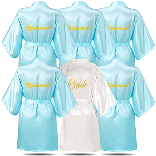 Janmercy Brautjungfern-Bademäntel für Hochzeit, Brautmantel, Matron of Honor Maid of Honor, Robe, Hochzeits-Bademantel für Brautparty, Geschenk, 6 Stück, blau, One size von Janmercy