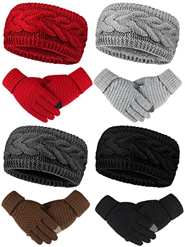 8 Stück Frauen Winter Stirnbänder und Handschuhe Sets Fuzzy Fleece Gefüttert Ohrenwärmer Warm Häkeln Stirnband Damen Winter Touchscreen Handschuhe Strickhandschuhe Elastische Manschette Texting Handschuhe für Frauen, Dunkle Farben, 8 Pack von Janmercy