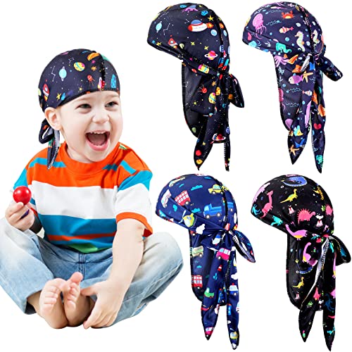 Janmercy 4 Stück Baby Satin Durags Kinder Satin Durags Dinosaurier Weltraum Auto Tiere Headwraps mit langem Schwanz für Baby Kleinkind Junge Mädchen, Mehrfarbig, Einheitsgre von Janmercy