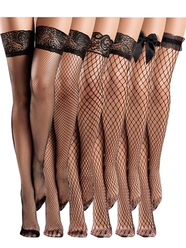Janmercy 6 Paar Oberschenkelhohe Netzstrümpfe für Damen, mit elastischem Band, durchsichtige Strümpfe über dem Knie, Strumpfwaren, Stilvolles Schwarz, Medium von Janmercy