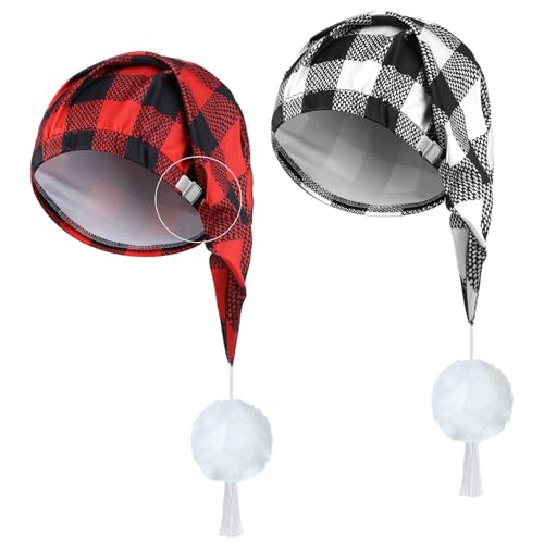 Janmercy Schlafmütze für Herren, verstellbar, Büffelkariert, Nachthut mit Ballquaste für Winter, Weihnachten, 2 Stück, Schwarz / Grau, Einheitsgröße von Janmercy