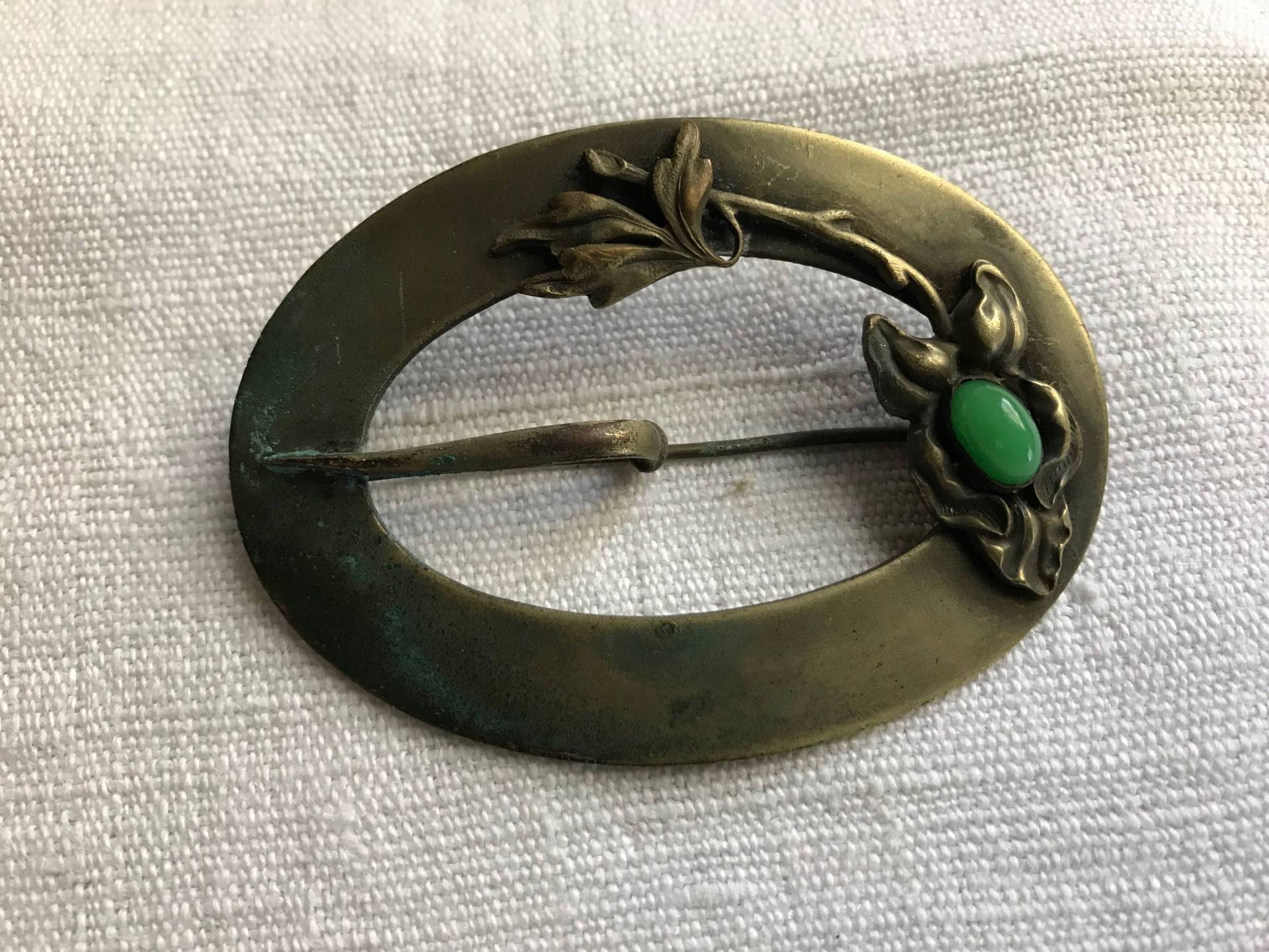 Antik Jugendstil Brosche Anstecknadel, Gold Silber Ton Metall, Chrysopras Stein von JansVintageStuff