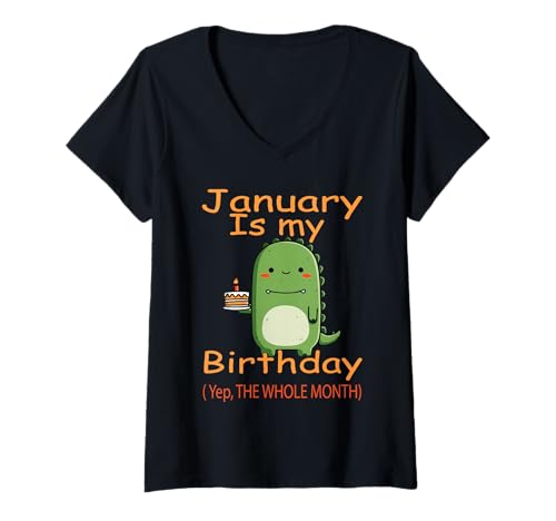 Damen Januar Geburtstag Dinosaurier mit Kuchen Lustiger Geburtstag T-Shirt mit V-Ausschnitt von January Dinosaur Birthday Cake