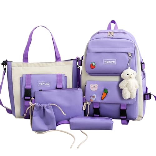 Schulrucksack-Set – 5-in-1-Schulrucksack-Kombination, leichter Reiserucksack für Mädchen | Dureble stoßfeste Schultasche, langlebige Taschen, einschließlich Rucksack, Federmäppchen, kleine Aufbewahrun von Janurium