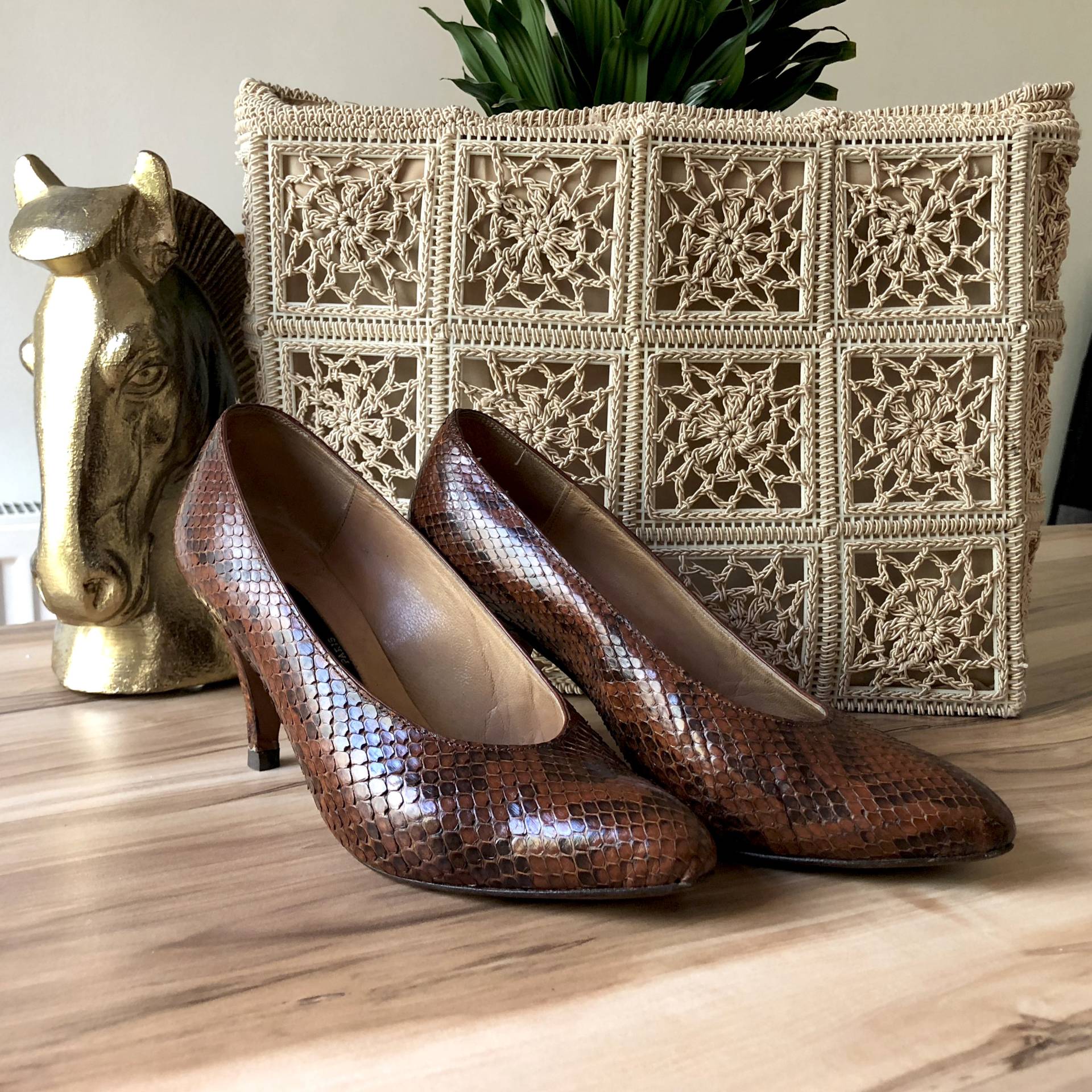 80Er Jahre Vintage Paris Laurent Meradal Braun Schlangenhaut Handarbeit Leder Pumps Absätze // Eu 36 von JanusVintage