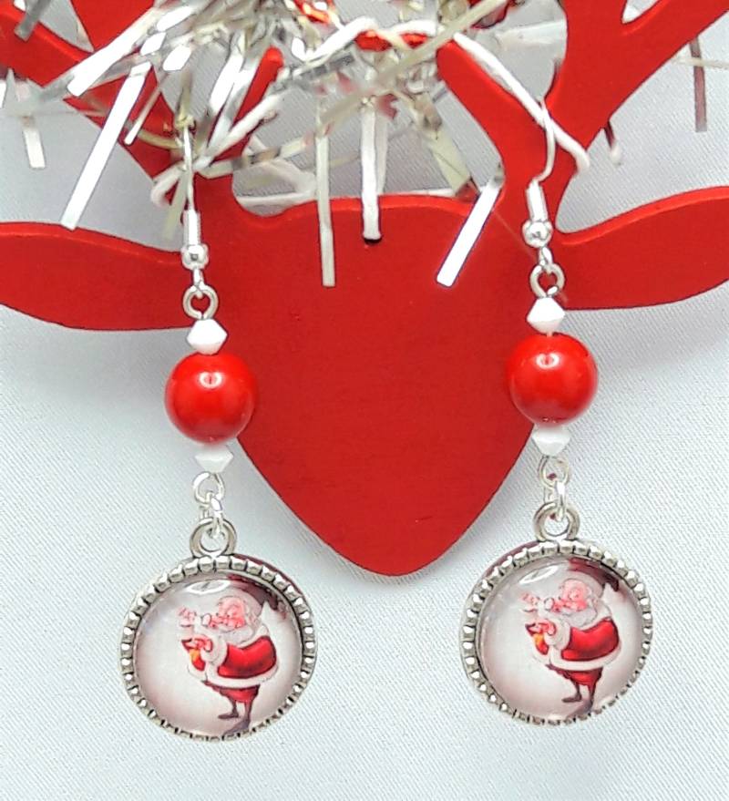 "Vater Weihnachten" Glas Cabochon Ohrringe/Rote Glasperlen/Weiß Swarovski Kristall/Silber Haken 925 von Janyscrea