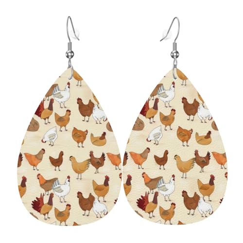 A Brood of Chickens Print Leather Earrings for Women - Dangle Teardrop Earrings, Perfect for Parties and Costume Accessory, One Size, Leather, No Gemstone von JaoXer