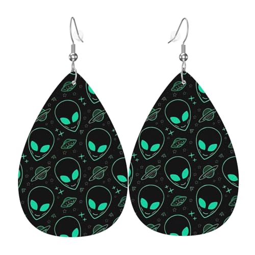 Aliens Print Leder Ohrringe für Frauen - baumelnde Tropfenohrringe, perfekt für Partys und Kostümzubehör, Einheitsgröße, Leder, kein Edelstein von JaoXer
