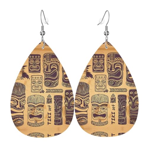 Aloha Tiki Muster Druck Leder Ohrringe für Frauen - baumelnde Tropfenohrringe, perfekt für Partys und Kostümzubehör, Einheitsgröße, Leder, kein Edelstein von JaoXer