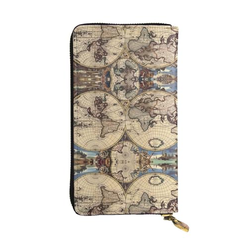 Alte Karte Weltkugel Druck Leder Lange Clutch Geldbörse für Frauen - Mode mit mehreren Kartenfächern, Münzfach, Schwarz, Einheitsgröße Alte Karte Weltkugel Druck Leder Lange Clutch Geldbörse für Frauen - Mode mit mehreren Kartenfächern, Münzfach, Schwarz, Einheitsgröße von JaoXer