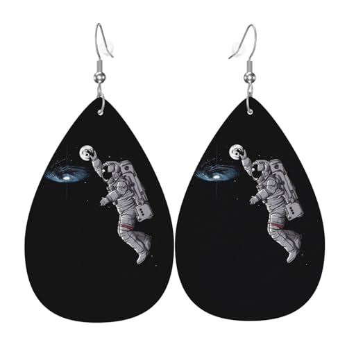 Astronaut Space Basketball Druck Leder Ohrringe für Frauen - baumelnde Tropfenohrringe, perfekt für Partys und Kostümzubehör, Einheitsgröße, Leder, kein Edelstein von JaoXer